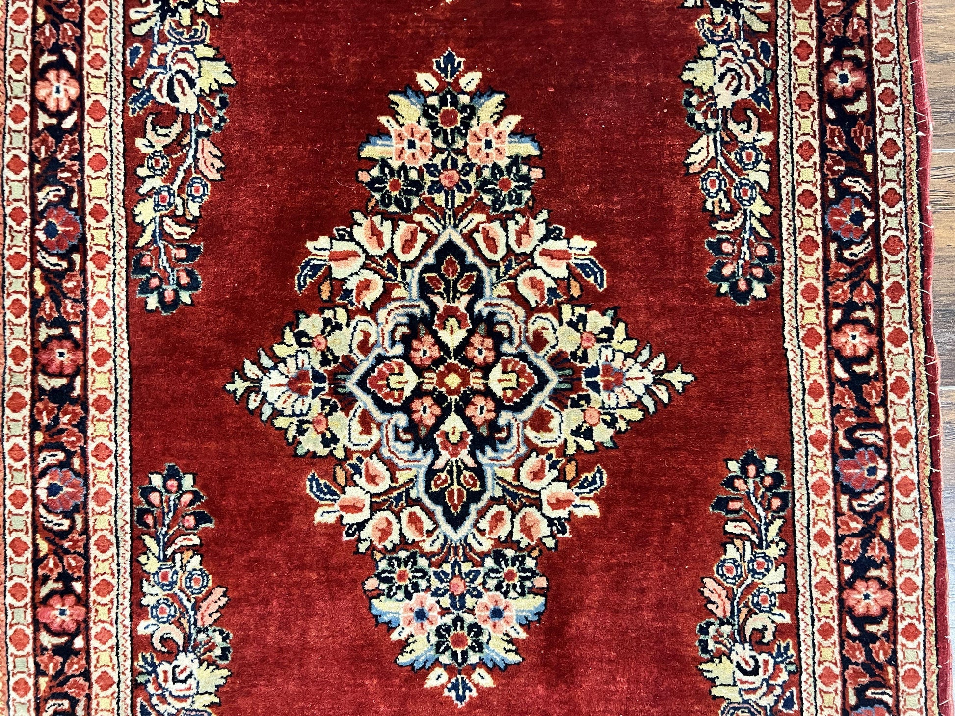 Persian Sarouk Runner Rug 2.7 x 6, Semi Open Field, Red, Handmade Hand Knotted, Wool Oriental Carpet, Vintage Semi Antique - Nuvé