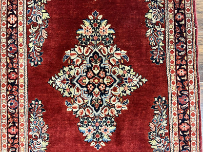 Persian Sarouk Runner Rug 2.7 x 6, Semi Open Field, Red, Handmade Hand Knotted, Wool Oriental Carpet, Vintage Semi Antique - Nuvé
