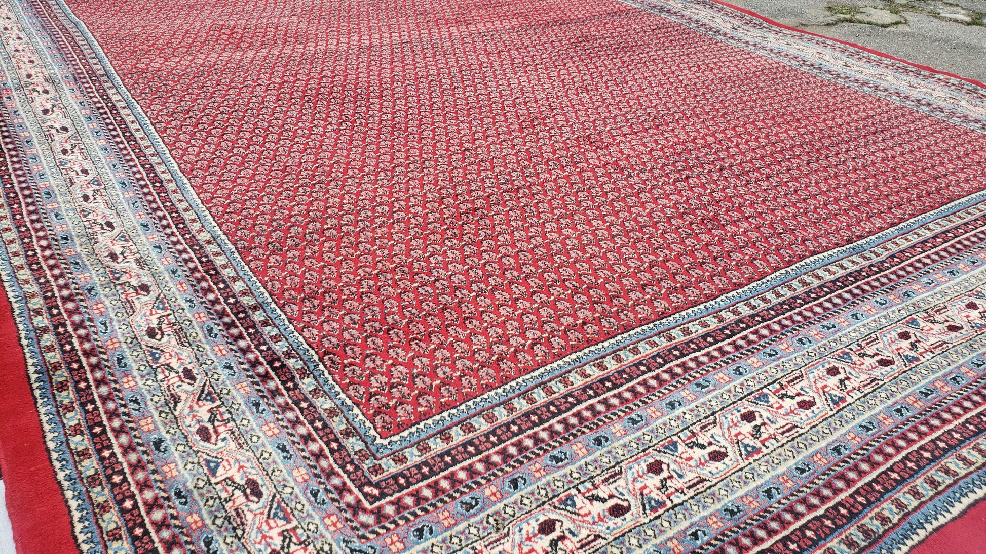 Persian Sarouk Mir Pattern, Red and Beige, Hand-Knotted, Wool, Paisley Boteh Design, 9'9" x 13', Semi Antique - Nuvé
