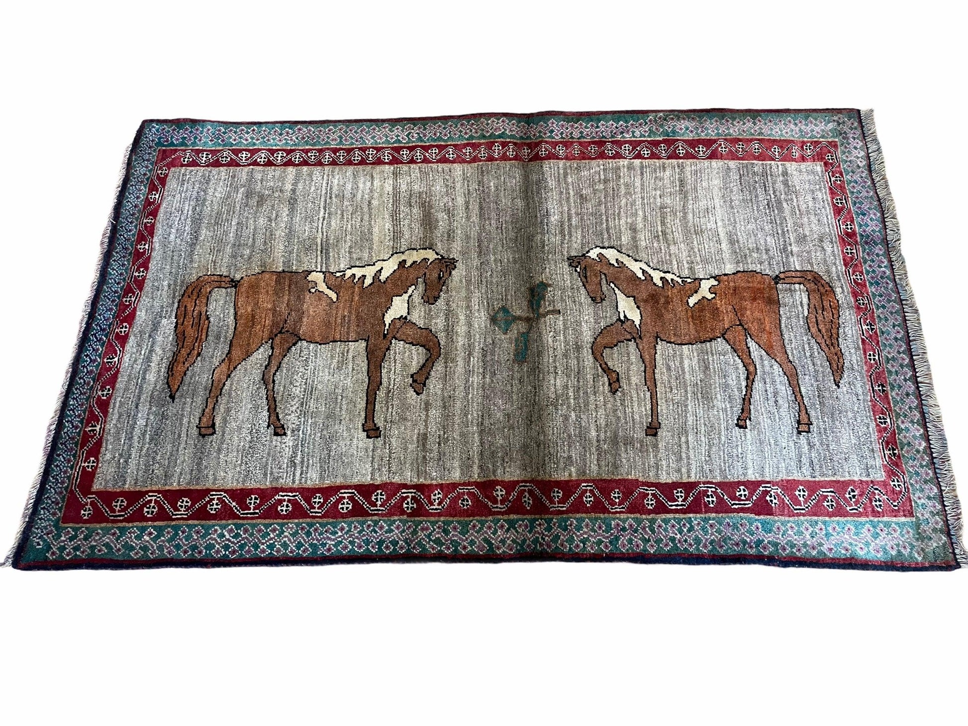 4 X 6 Handmade Rug Zagros New Vintage Quality Wool Rug Horses Silver Brown Nice - Nuvé