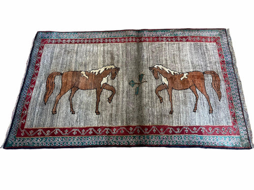 4 X 6 Handmade Rug Zagros New Vintage Quality Wool Rug Horses Silver Brown Nice - Nuvé