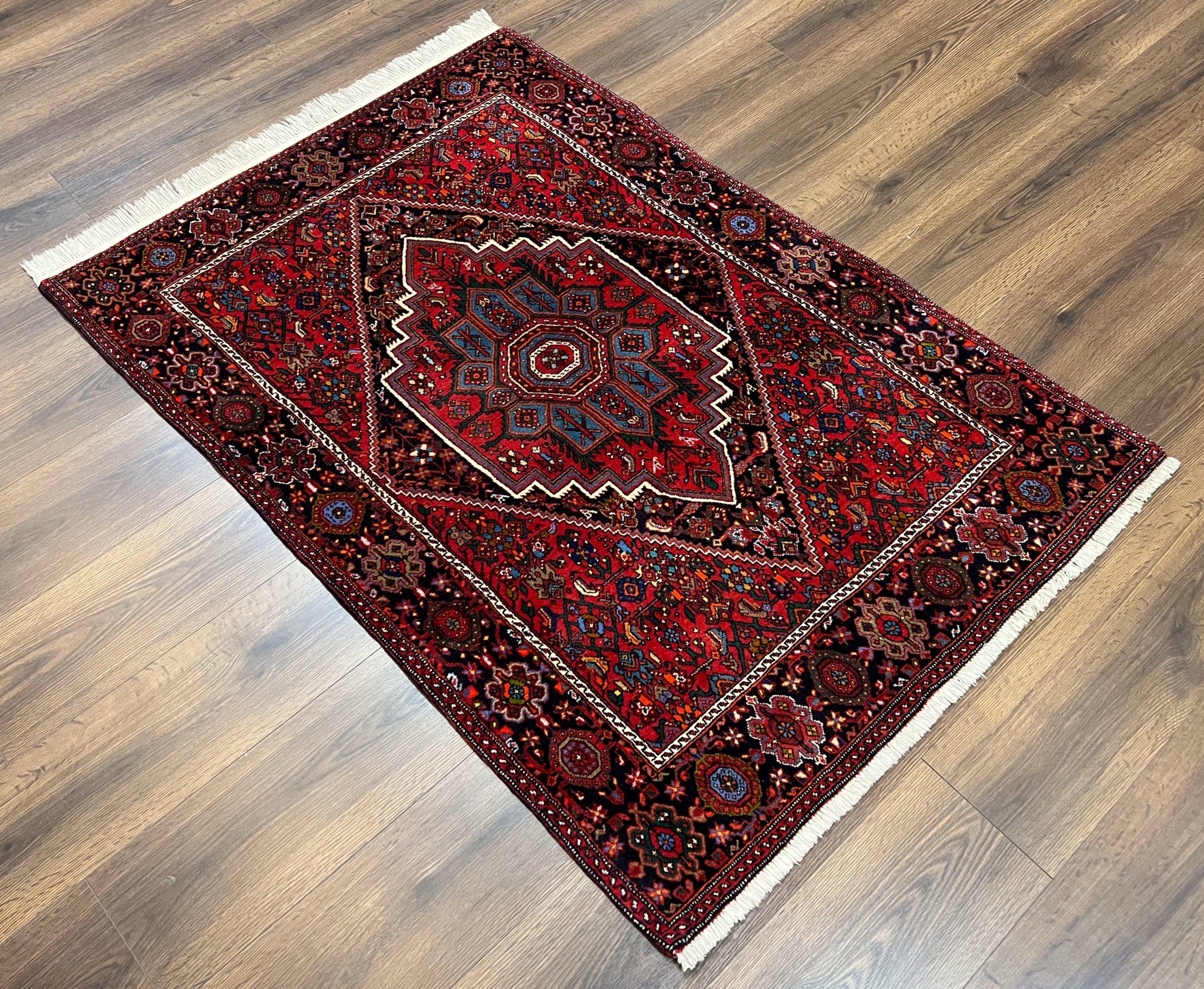 Fine Persian Bidjar Rug 3x5 ft, Ruby Red and Black, Geometric Medallion, Hand Knotted Semi Antique Oriental Bijar Carpet, Wool Area Rug, Tribal Rug - Nuvé