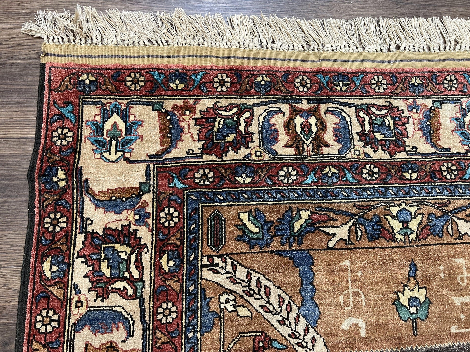Unique Afghan Silk Rug 4x6, Hunting Pattern Animal Motifs, Light Brown and Cream, Persian Handwritten Poetry, Fine 1940s Oriental Carpet Wow - Nuvé