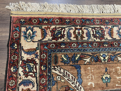Unique Afghan Silk Rug 4x6, Hunting Pattern Animal Motifs, Light Brown and Cream, Persian Handwritten Poetry, Fine 1940s Oriental Carpet Wow - Nuvé