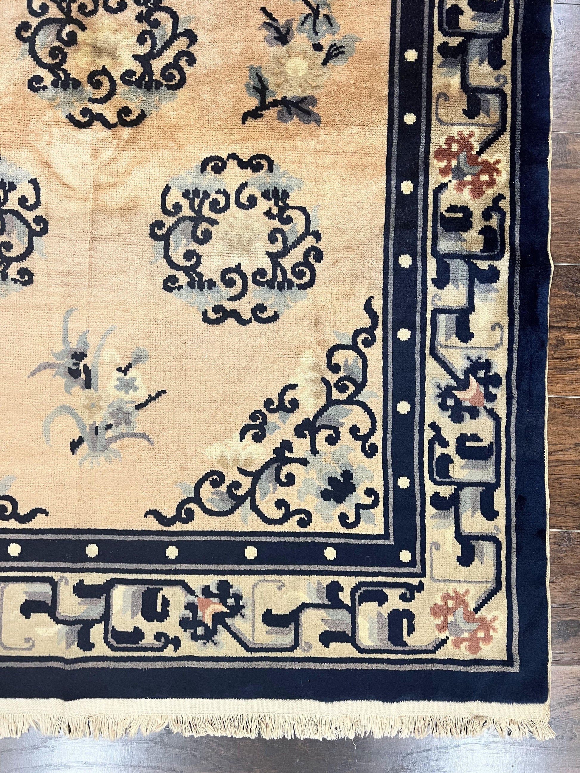Chinese Peking Rug 4x6, Wool Hand Knotted Handmade Vintage Semi Antique Carpet, Semi Open Field, Light Peach & Navy Blue, Art Deco Rug - Nuvé