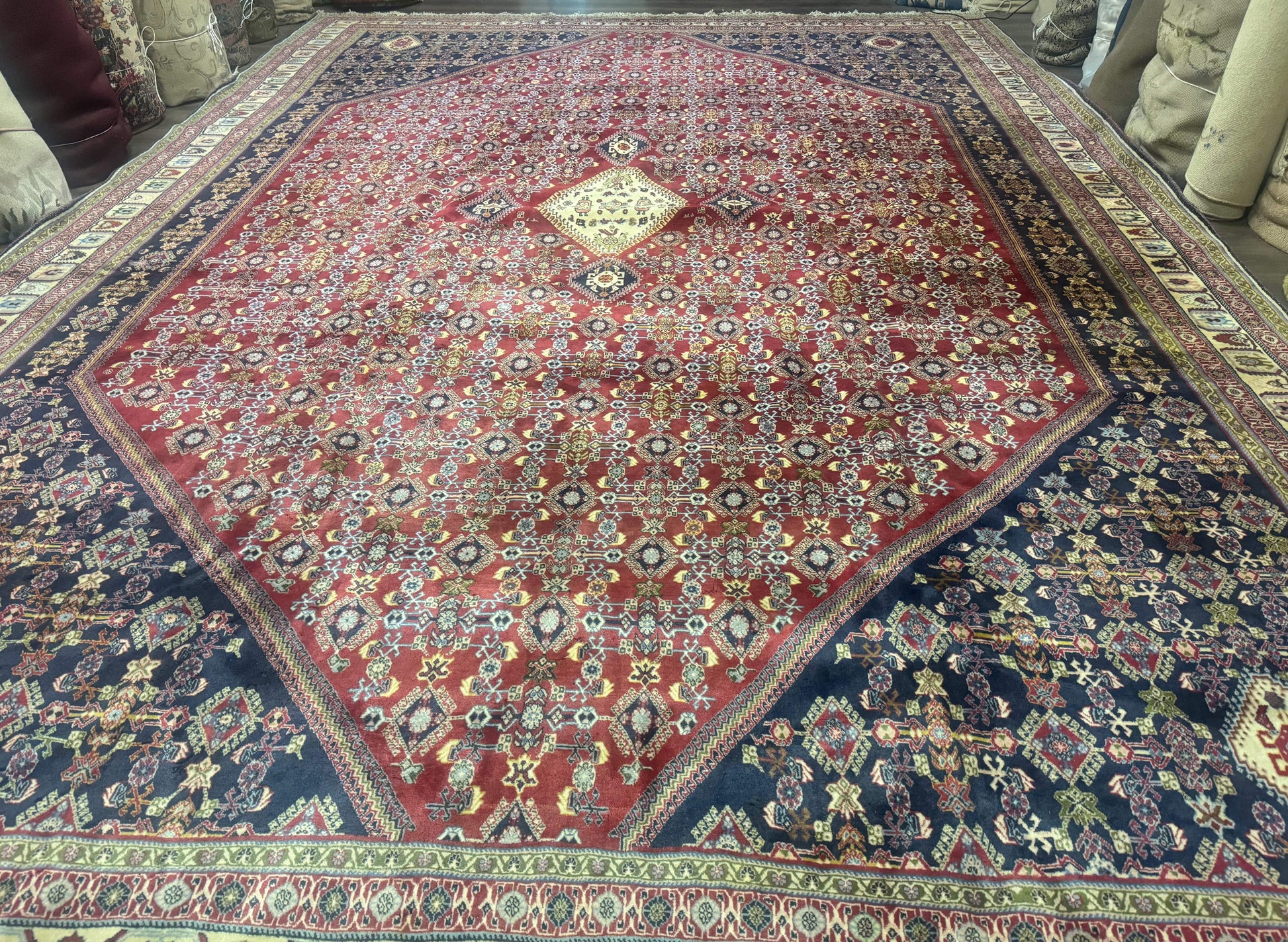 Palace Size Persian Shiraz Rug 13x19, Tribal Rug, Herati Pattern, Brick Red Navy Blue Beige, Oversized Persian Wool Area Rug, Extra Large - Nuvé