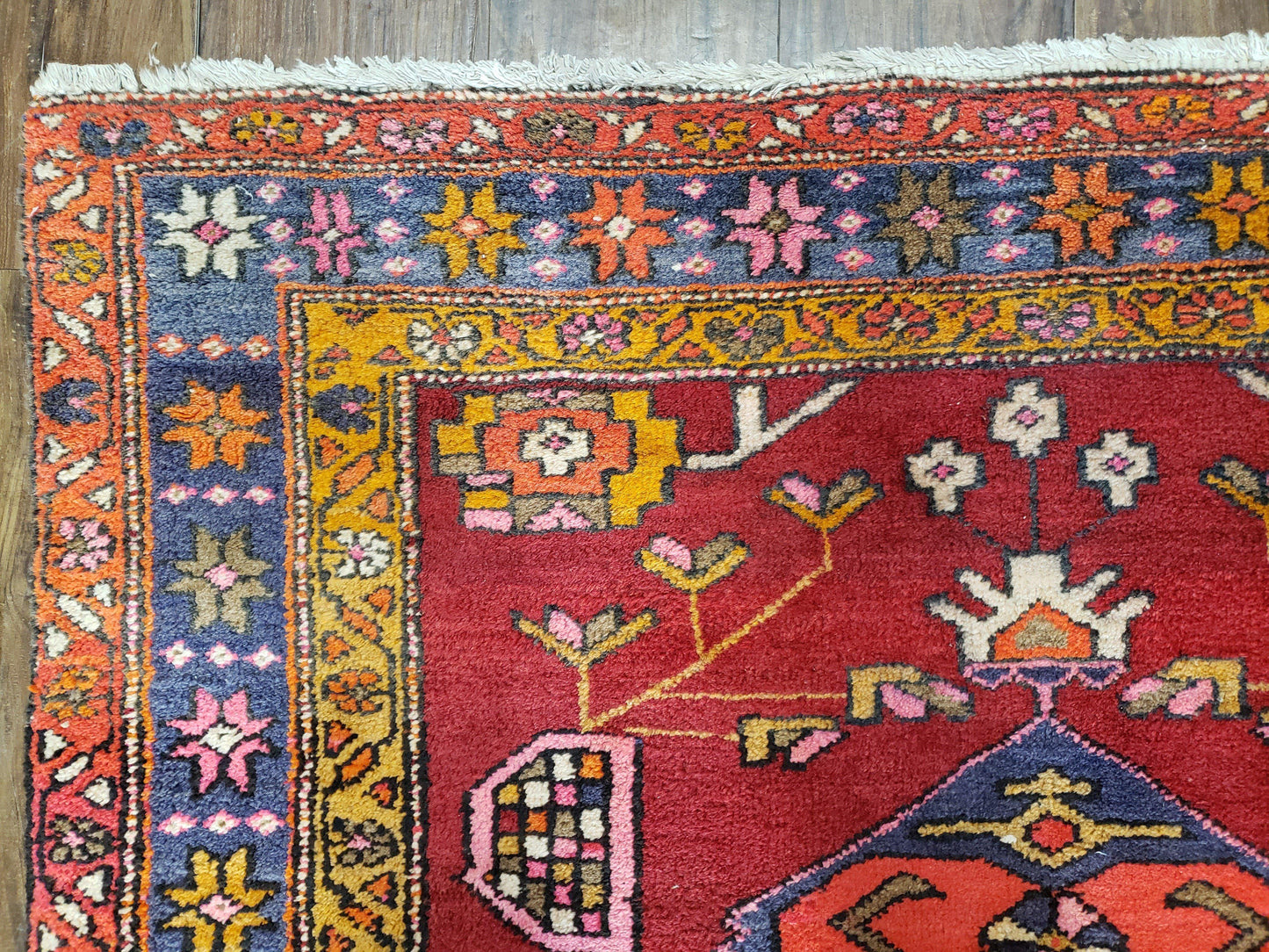 Antique Persian Karajeh Runner Rug 4.4 x 11 ft, Red Colorful Geometric Medallion Runner - Nuvé