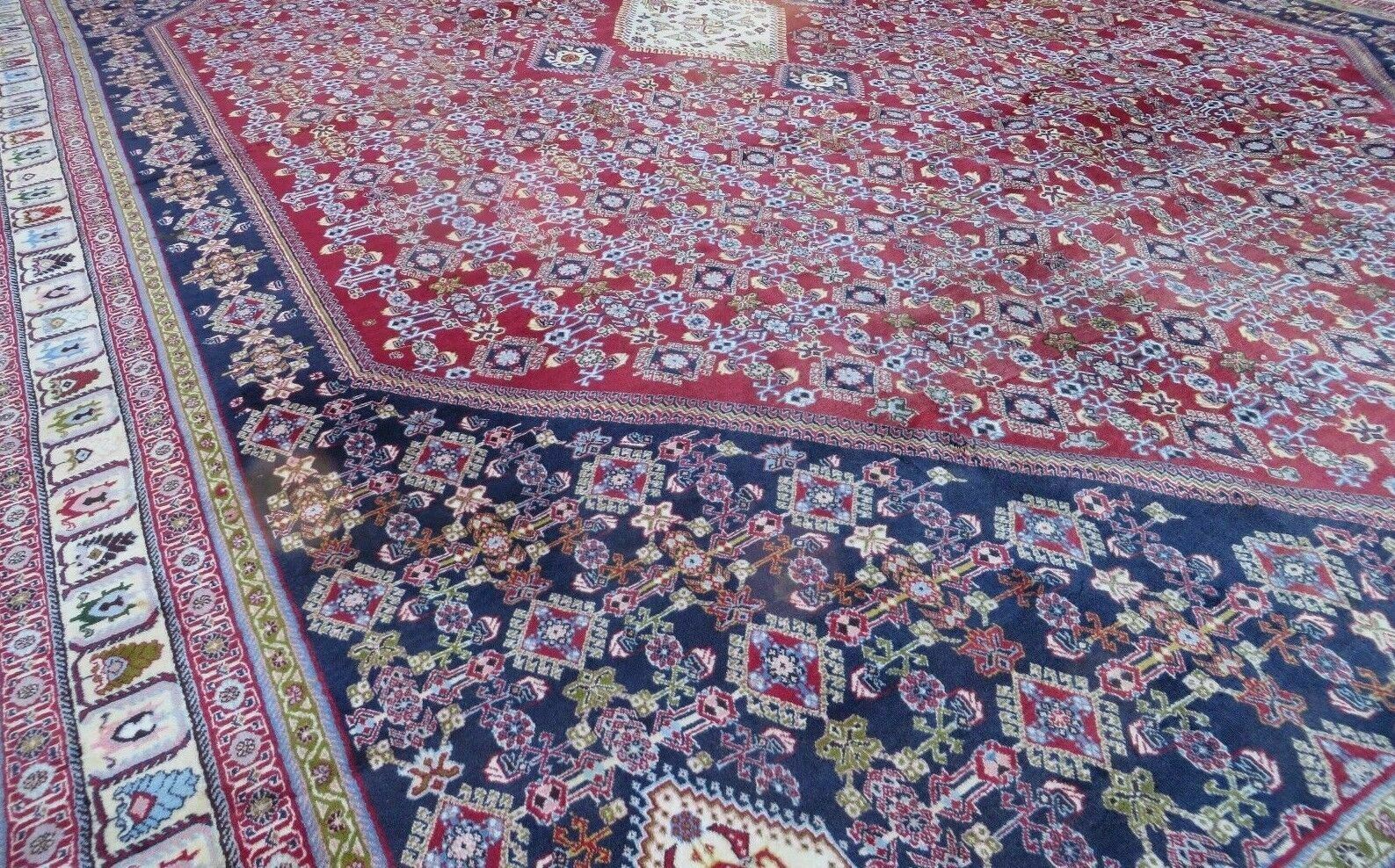 Oversized Persian Shiraz Tribal Rug 13x19, Palace Sized Oriental Carpet, Handmade Hand-Knotted X Large Rug, Red Blue Cream, Allover Herati Pattern - Nuvé