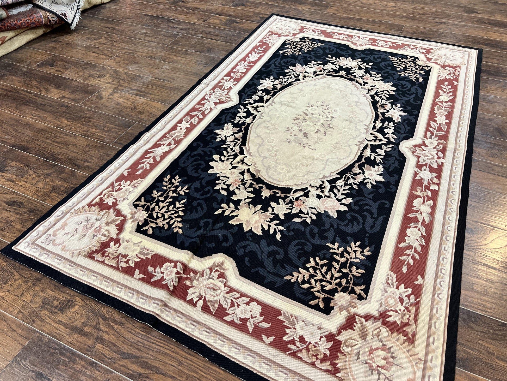 Needlepoint Rug 5x8, Wool Handmade Vintage European Design Carpet, Black & Maroon, French Aubusson Pattern Flatweave Rug - Nuvé