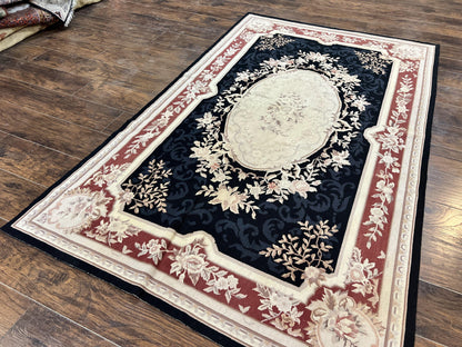 Needlepoint Rug 5x8, Wool Handmade Vintage European Design Carpet, Black & Maroon, French Aubusson Pattern Flatweave Rug - Nuvé