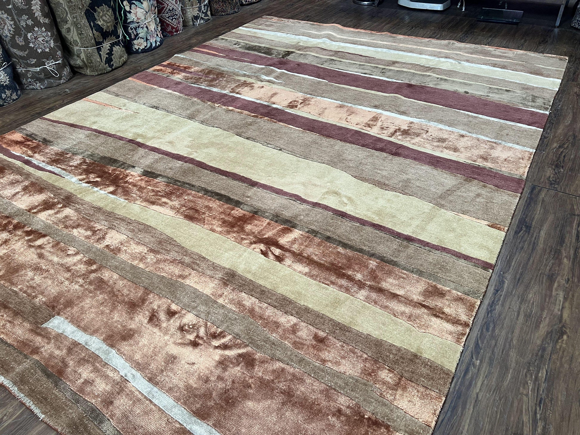 Modern Tibetan Rug 8x11 Nepali Carpet, Shiny Velvely Soft Wool and Silk, Contemporary Hand Knotted Rug, Striped Design, Wool Area Rug 8 x 11 - Nuvé