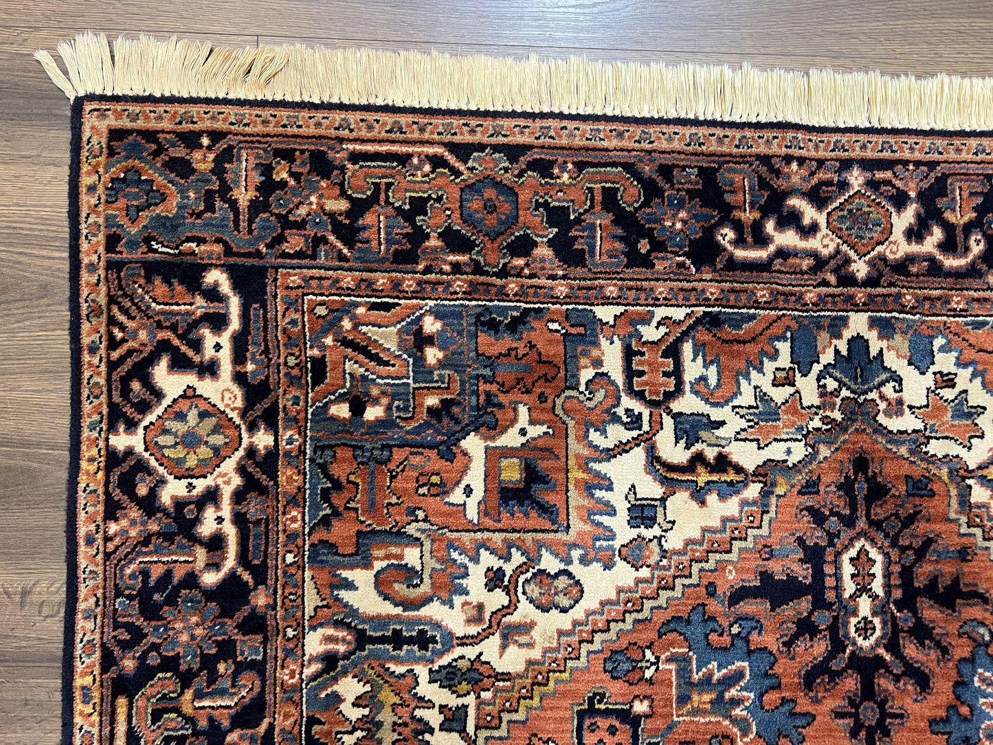 Heriz Rug 5.6 x 8, Geometric Medallion, Wool Oriental Carpet, Tribal Boho Rug, Red Navy Blue Cream, Belgium Power Loomed Rug, Medium Sized - Nuvé