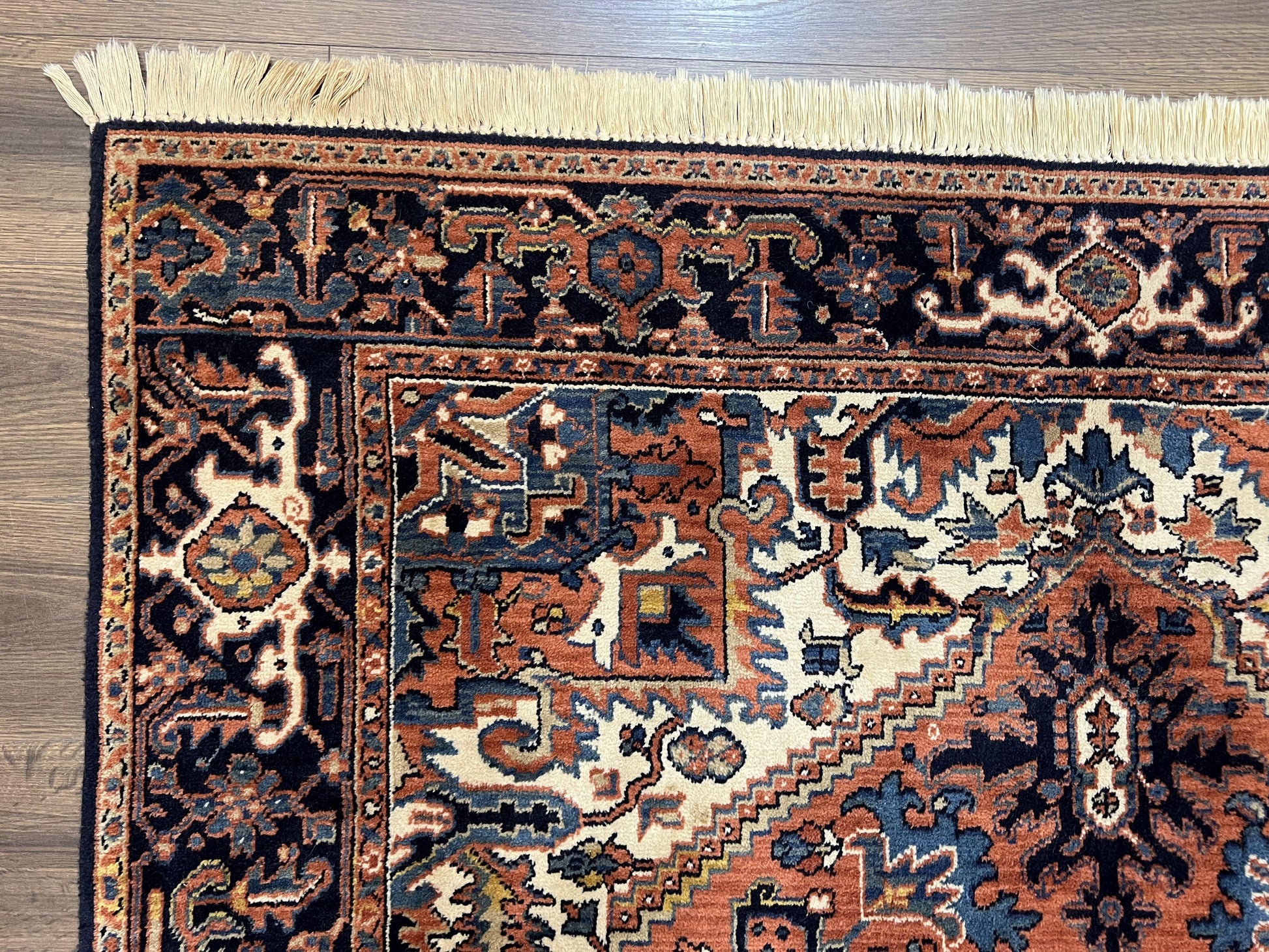 Heriz Rug 5.6 x 8, Geometric Medallion, Wool Oriental Carpet, Tribal Boho Rug, Red Navy Blue Cream, Belgium Power Loomed Rug, Medium Sized - Nuvé