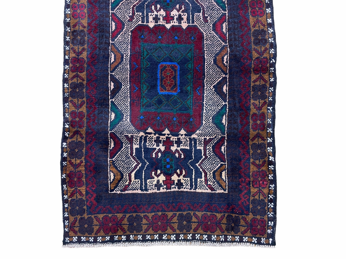 Three 5x3 vintage handmade tribal wool rugs featuring Balouchi Afghan designs in red and beige, by Jewel Rugs.