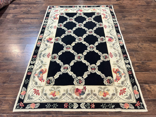 Hooked Rug 5x8, European Aubusson Pattern, Black and Ivory, Roses & Roosters, Vintage Wool Rug - Nuvé