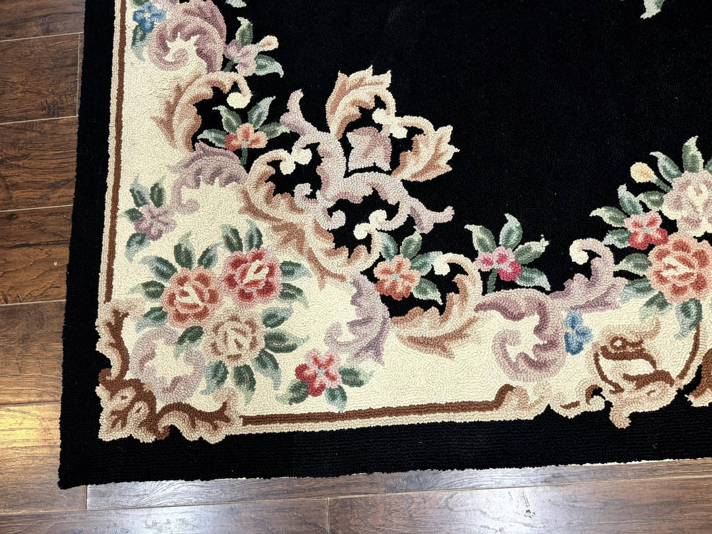 Aubusson Rug 8x11, Black and Ivory, Hooked Rug, Vintage, Wool - Nuvé