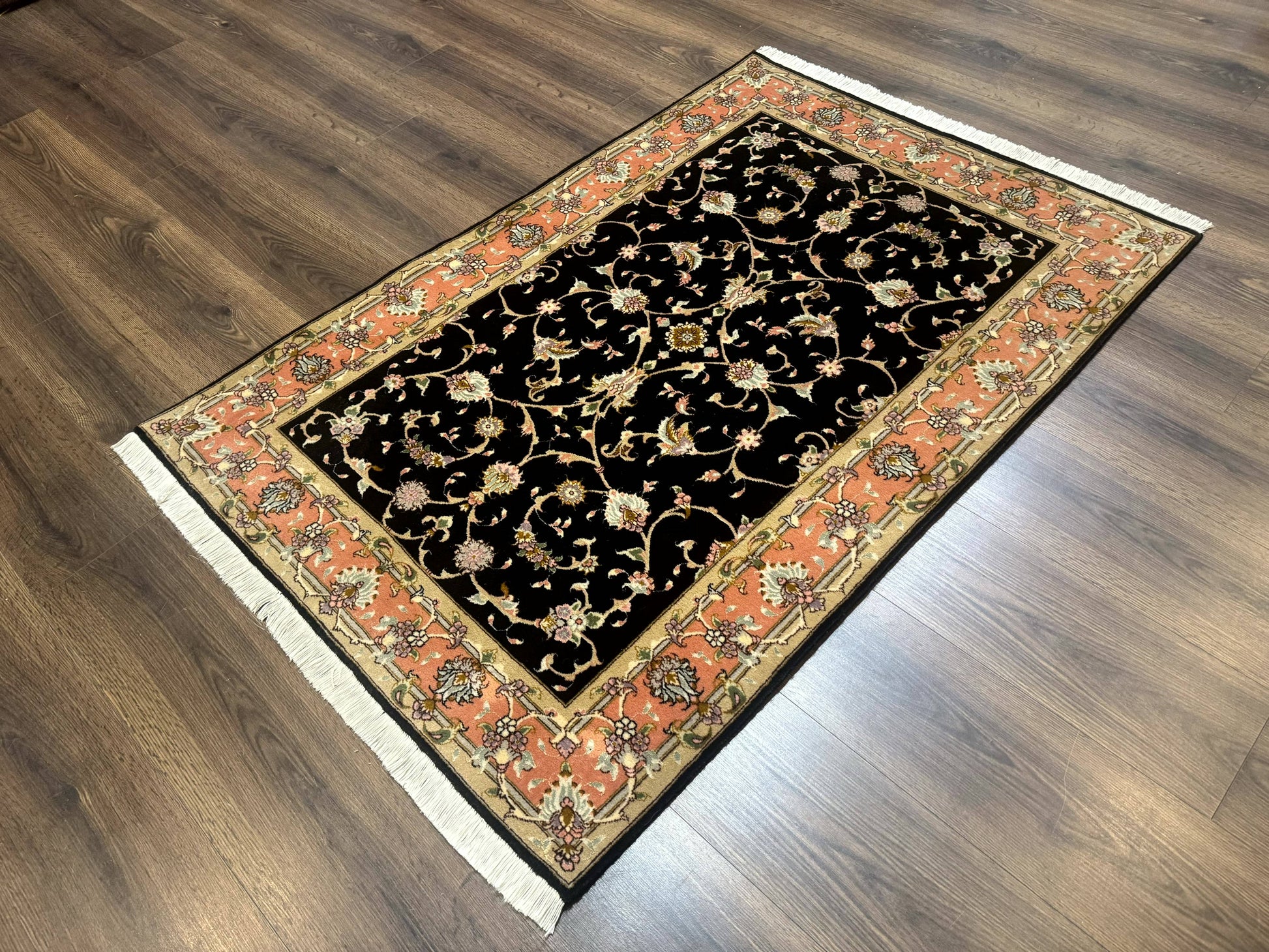 Persian Tabriz Rug 3x5 Black and Salmon Floral Fine Handmade 360 KPSI - Nuvé
