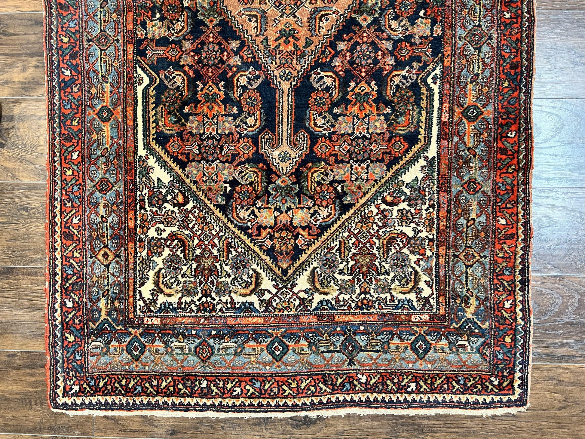 Antique Persian Runner Rug 3.7 x 15.8, Navy Blue Multicolor, Hand Knotted Handmade Wool Rug for Hallway, Geometric Medallions, Persian Hamadan Rug - Nuvé