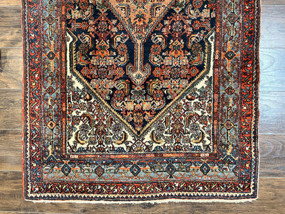 Antique Persian Runner Rug 3.7 x 15.8, Navy Blue Multicolor, Hand Knotted Handmade Wool Rug for Hallway, Geometric Medallions, Persian Hamadan Rug - Nuvé