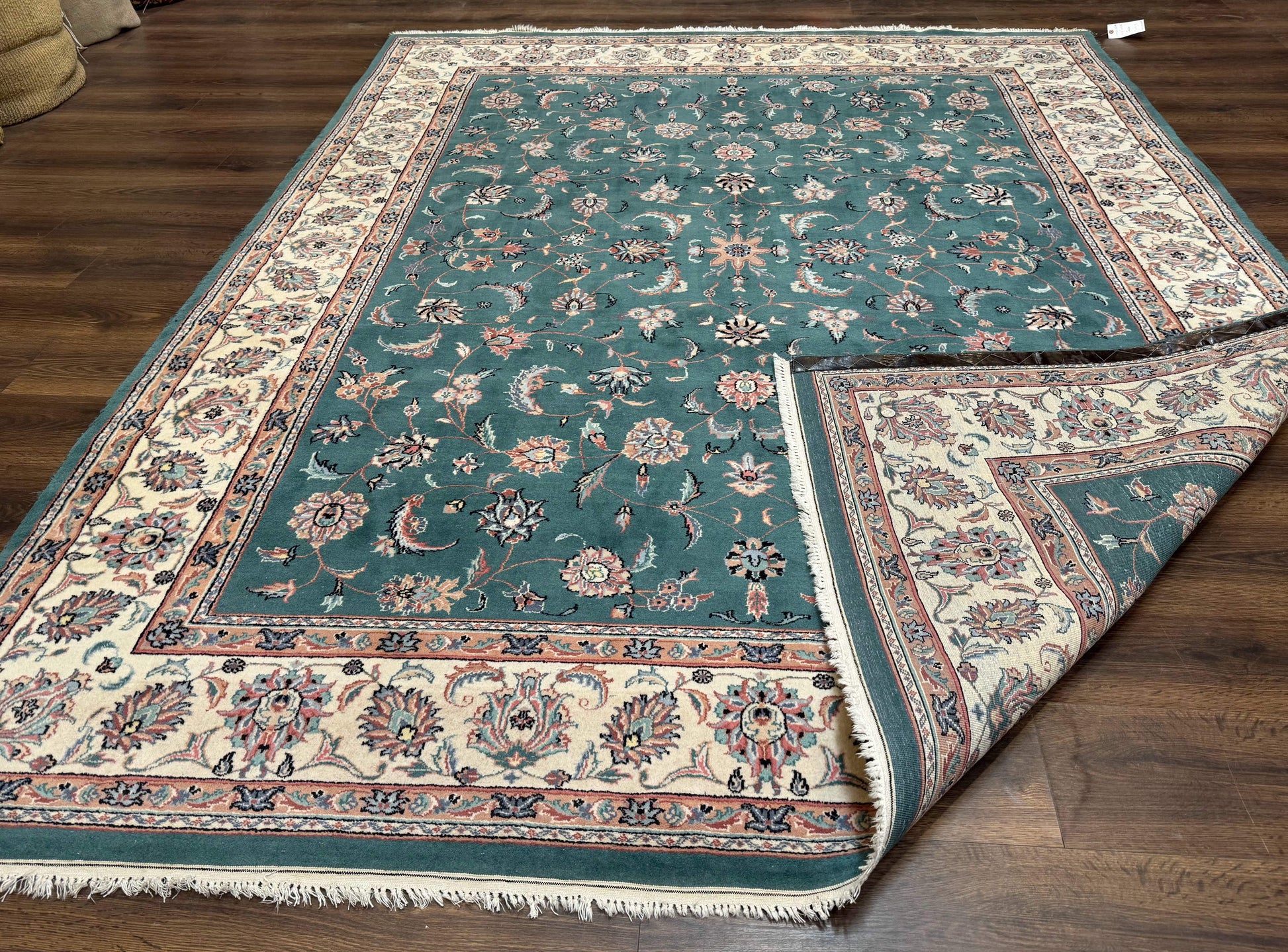 Indo Persian Rug 8x10, Green and Beige Oriental Carpet, Traditional Wool Area Rug, Floral Allover Pattern - Nuvé
