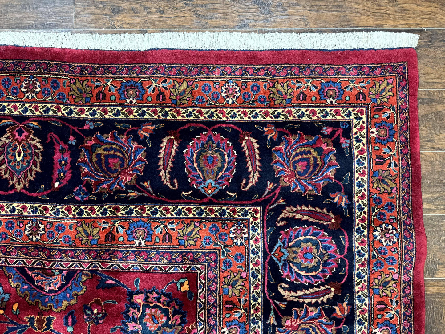 Palace Size Persian Mashad Rug 12x16, Raspberry and Navy Blue, Signature from Master Weaver, Antique Handmade Large Wool Carpet - Nuvé
