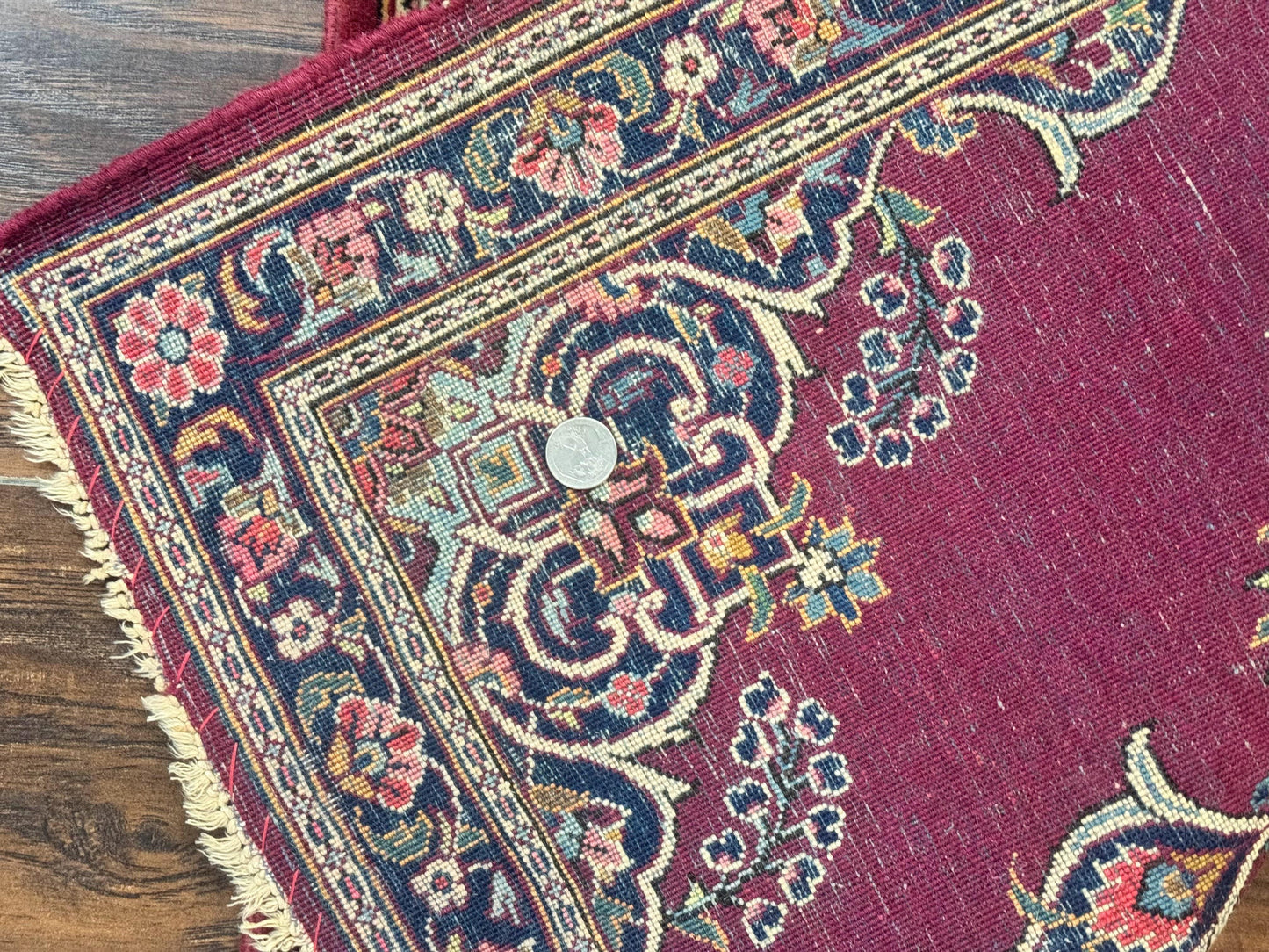 Small Persian Kashan Rug 2x3, Red and Navy Blue, Handmade Vintage Wool Semi Antique Persian Carpet, Semi Open Field, Pair B - Nuvé