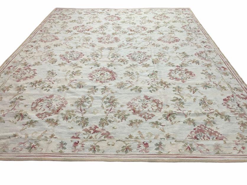 9x12 Flatweave Aubusson Needlepoint Rug, New, Beige, Tan, Green, Handmade, Hand-Knotted Area Rug, French European Carpet, Flowers - Nuvé