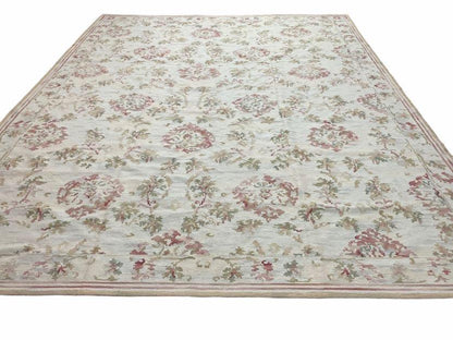 9x12 Flatweave Aubusson Needlepoint Rug, New, Beige, Tan, Green, Handmade, Hand-Knotted Area Rug, French European Carpet, Flowers - Nuvé