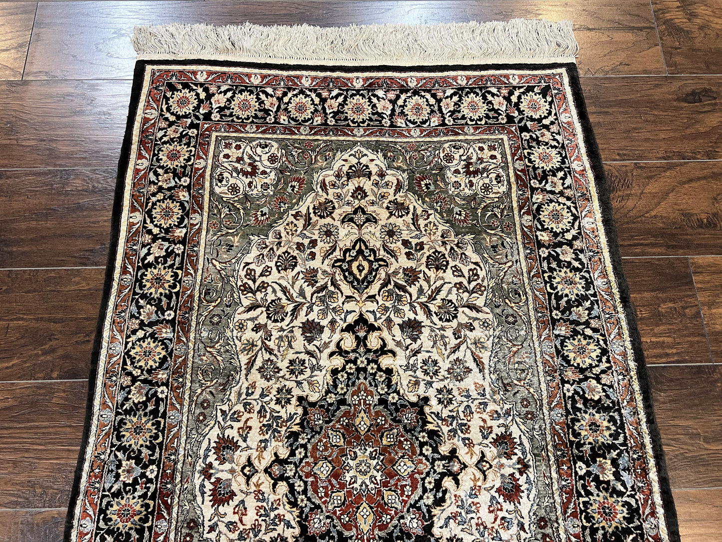 Silk Sino Persian Rug 3x5, Floral Medallion, Hand Knotted Silk Pile Silk Foundation, Traditional Silk Handmade Oriental Carpet, Cream Black - Nuvé