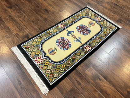 Chinese Rug 3x6 ft, Chinese Wool Rug, Tiensin Rug, Handmade Wool 3 x 6 Vintage Peking Rug, Art Deco Rug, Butterflies - Nuvé