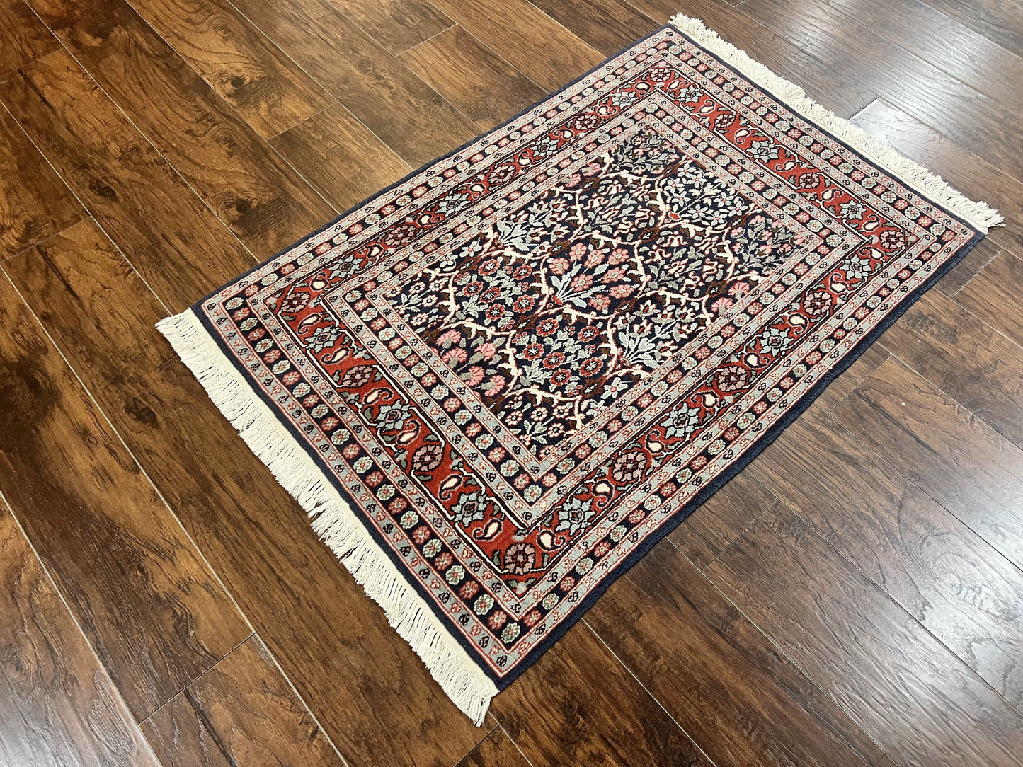 Pak Persian Rug 3x4, Wool Hand Knotted Vintage Traditional Carpet, Navy Blue & Red, Very Fine Small Handmade Floral Rug - Nuvé