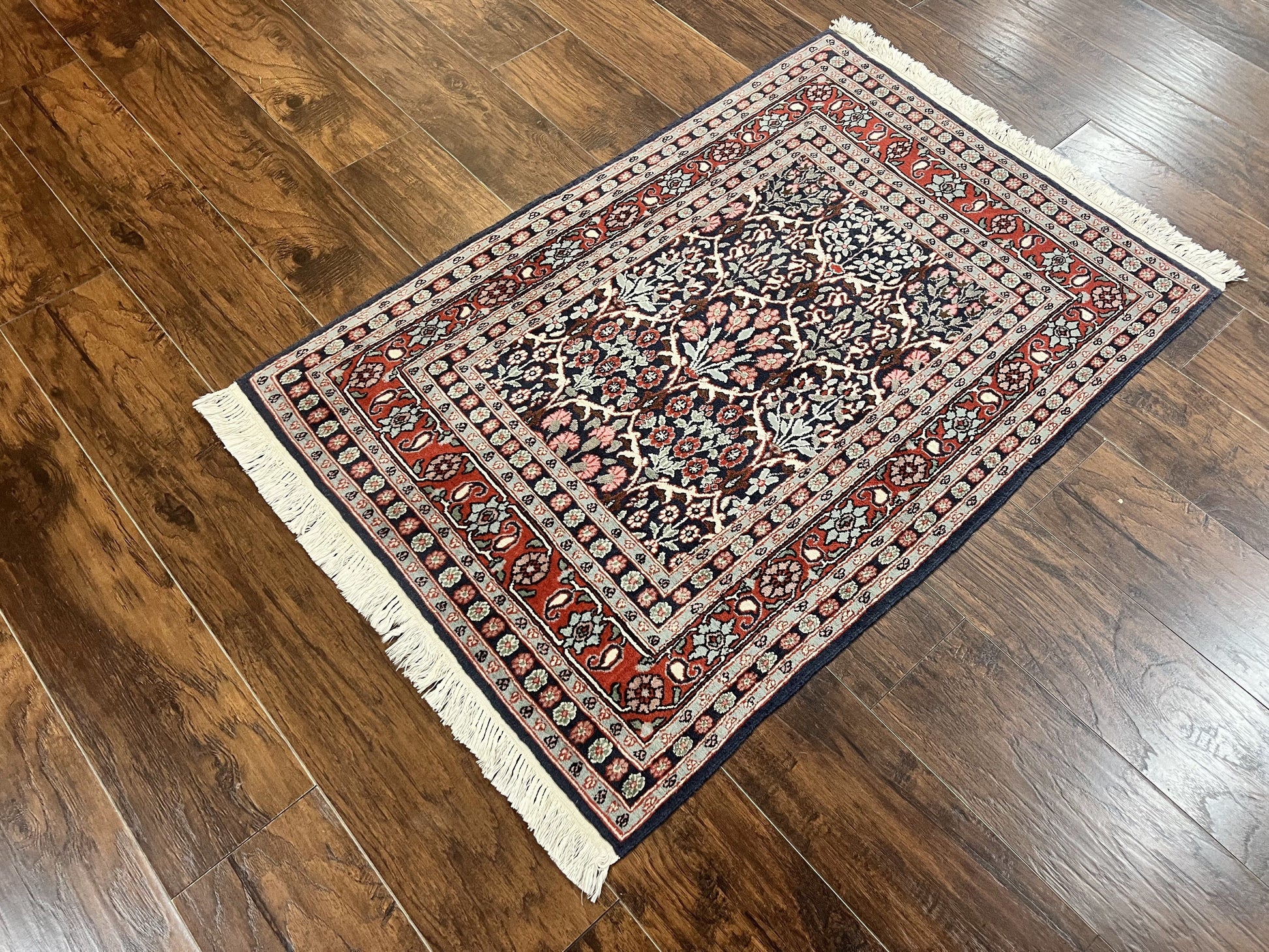 Pak Persian Rug 3x4, Wool Hand Knotted Vintage Traditional Carpet, Navy Blue & Red, Very Fine Small Handmade Floral Rug - Nuvé