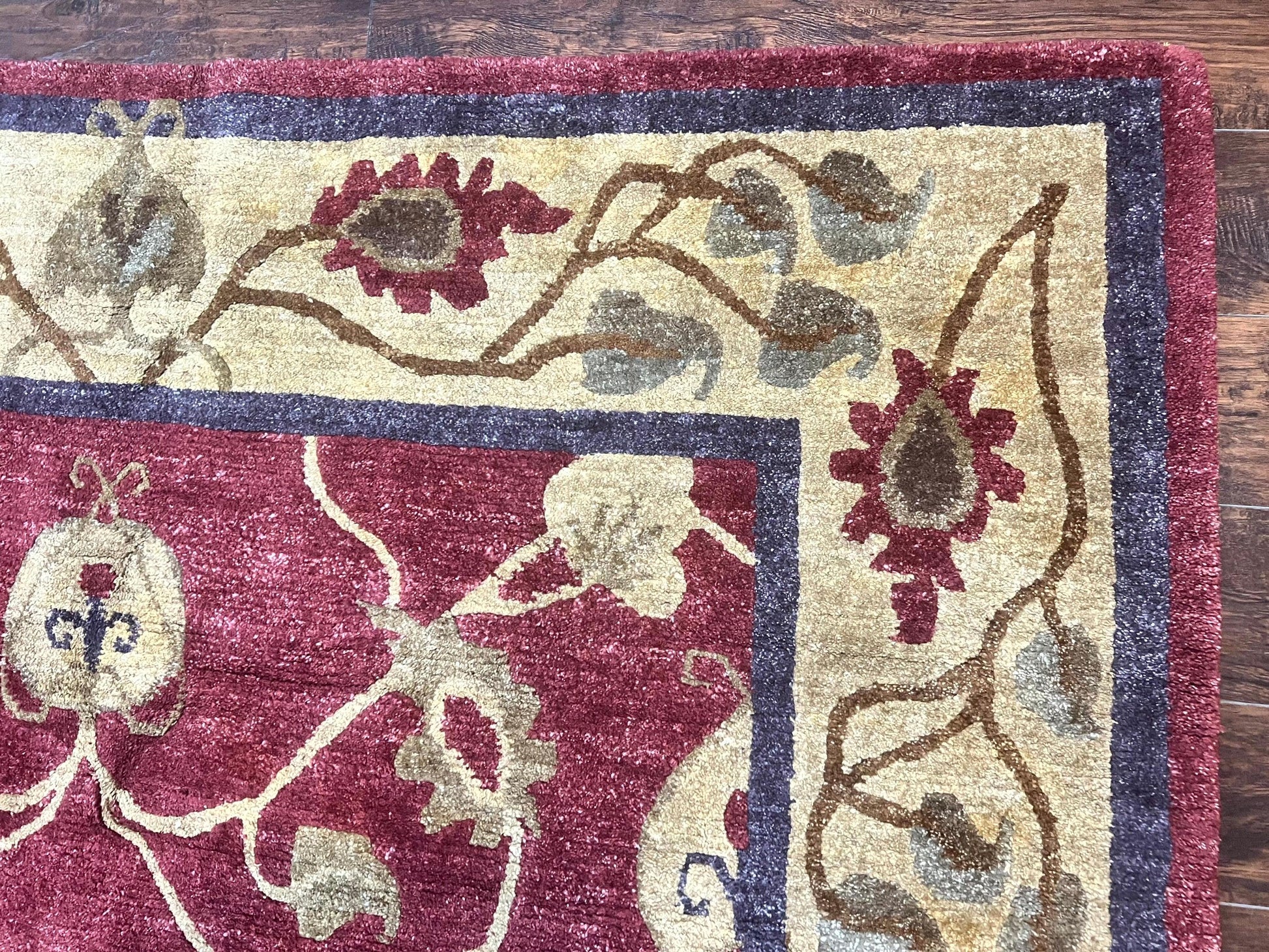 Tibetan Aubusson Rug 8x10, Maroon and Beige, Floral, Handmade, Wool, Vintage, Traditional Rug - Nuvé