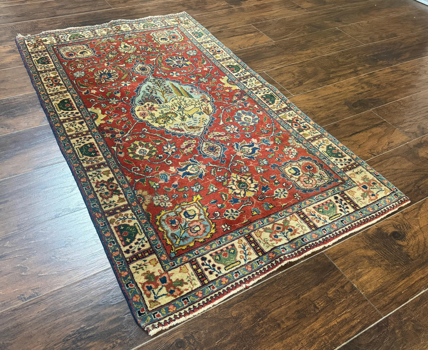 Small Persian Tabriz Rug 2.8 x 4.7, Red, Animal Pictorials, Semi Antique Vintage - Nuvé