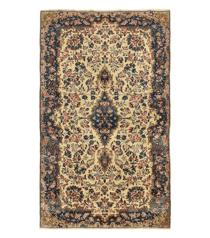 Antique Persian Kirman Rug 4x7, Cream and Navy Blue, Hand Knotted Wool Floral Carpet