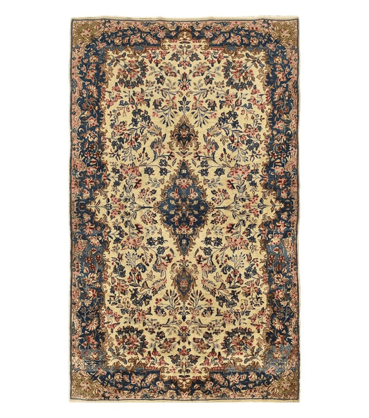 Antique Persian Kirman Rug 4x7, Cream and Navy Blue, Hand Knotted Wool Floral Carpet