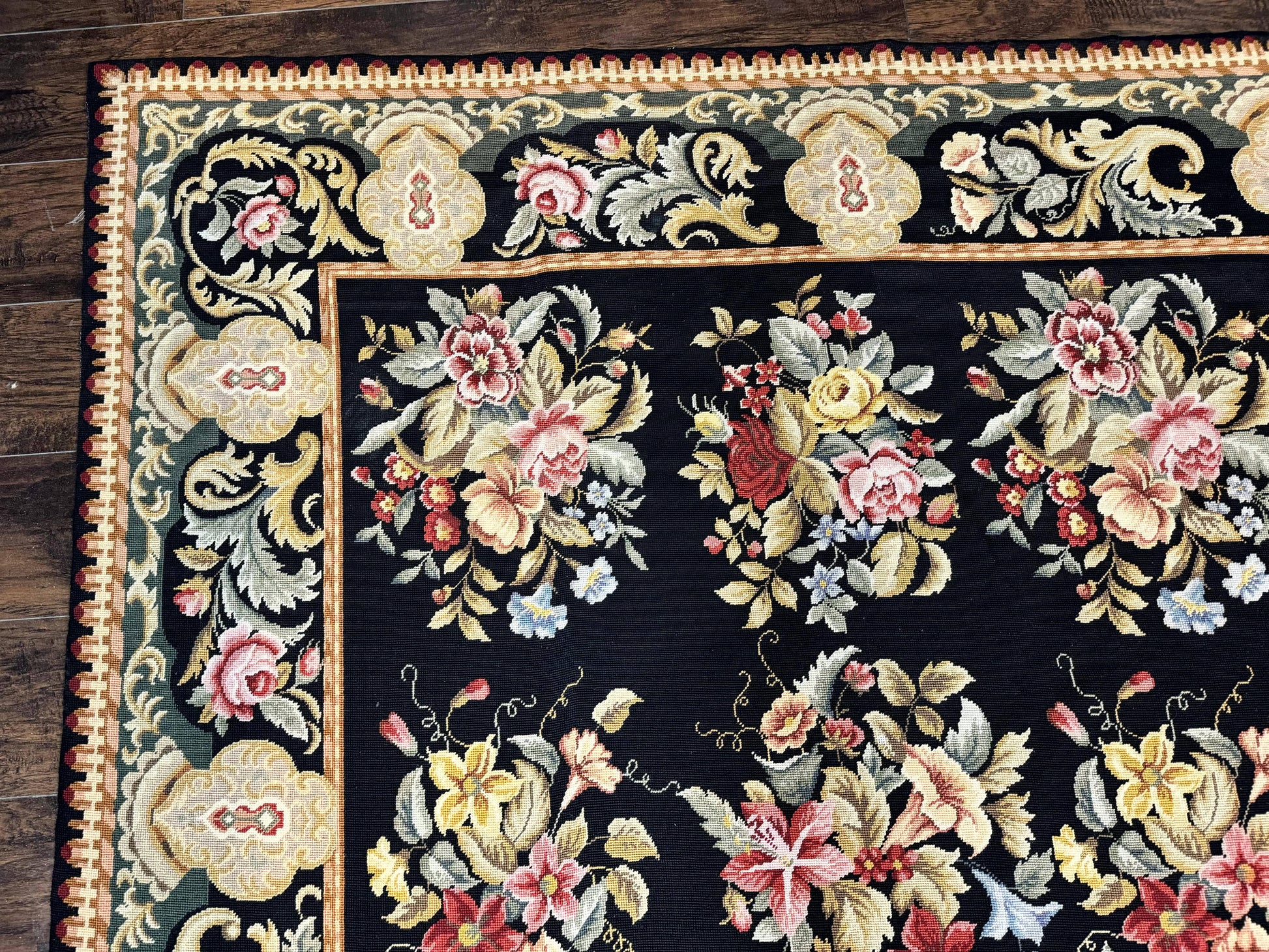 Palace Size Needlepoint Rug 12x16, Black and Colorful, Floral Panel, Handmade Oversized Wool Needlepoint Carpet, Rare - Nuvé