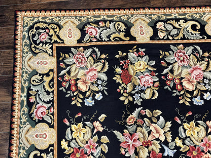 Palace Size Needlepoint Rug 12x16, Black and Colorful, Floral Panel, Handmade Oversized Wool Needlepoint Carpet, Rare - Nuvé