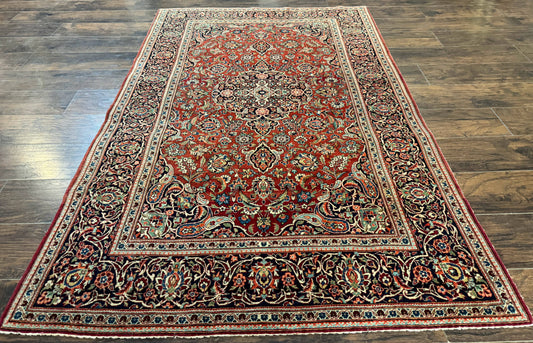 Persian Kashan Rug 4x7, Red and Navy Blue, Floral Antique Carpet - Nuvé