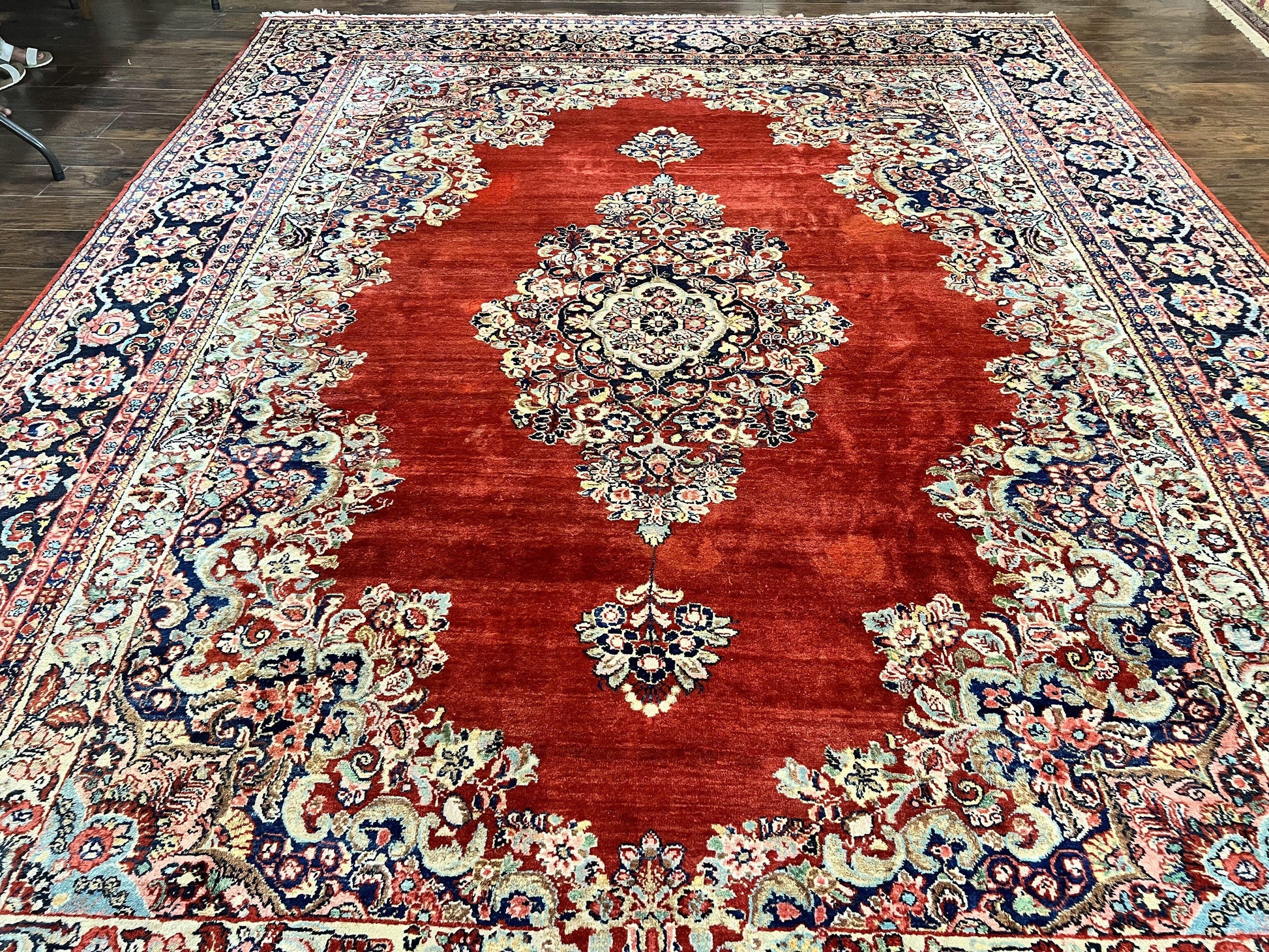 Persian Sarouk Rug 11x14, Semi Open Field, Large Antique Persian Wool Handmade Carpet, Red and Dark Blue, Floral - Nuvé