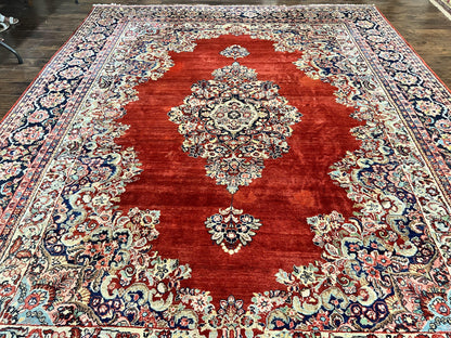 Persian Sarouk Rug 11x14, Semi Open Field, Large Antique Persian Wool Handmade Carpet, Red and Dark Blue, Floral - Nuvé