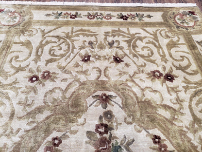 Vintage Nepali Tibetan Aubusson Rug 6x9, Wool Hand-Knotted Cream Beige Carpet, Leaves & Floral Pattern 6 x 9 Soft Area Rug Home Office Rug - Nuvé