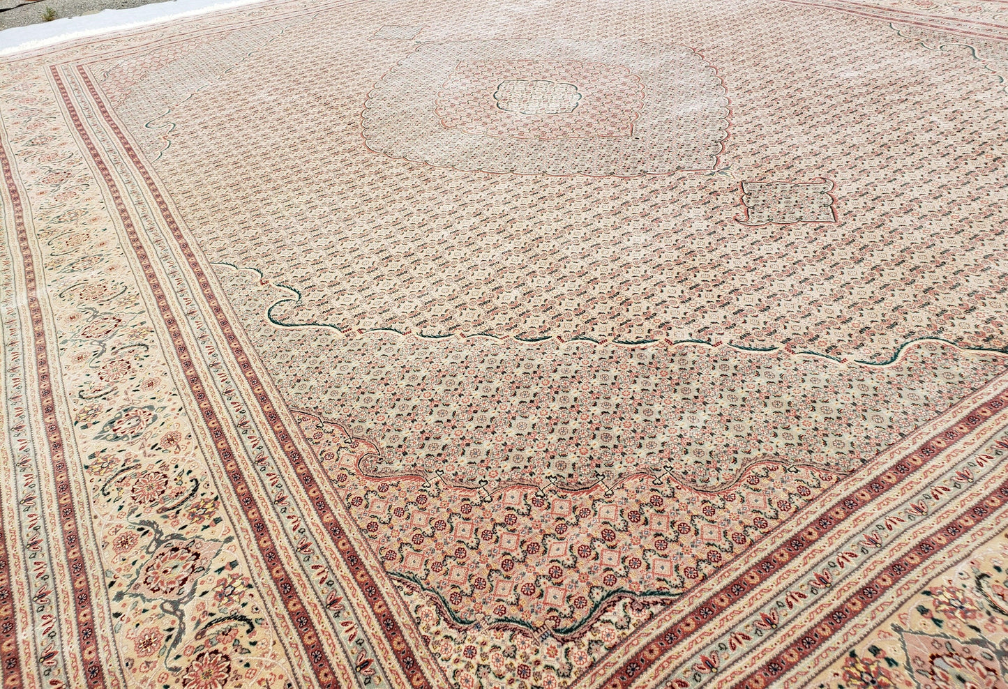 Stunning Oversized Sino Persian Oriental Rug 12x15, Hand Knotted Wool & Silk Palace Sized Carpet, Mahi Pattern, Very Fine, Peach Beige, Wow - Nuvé