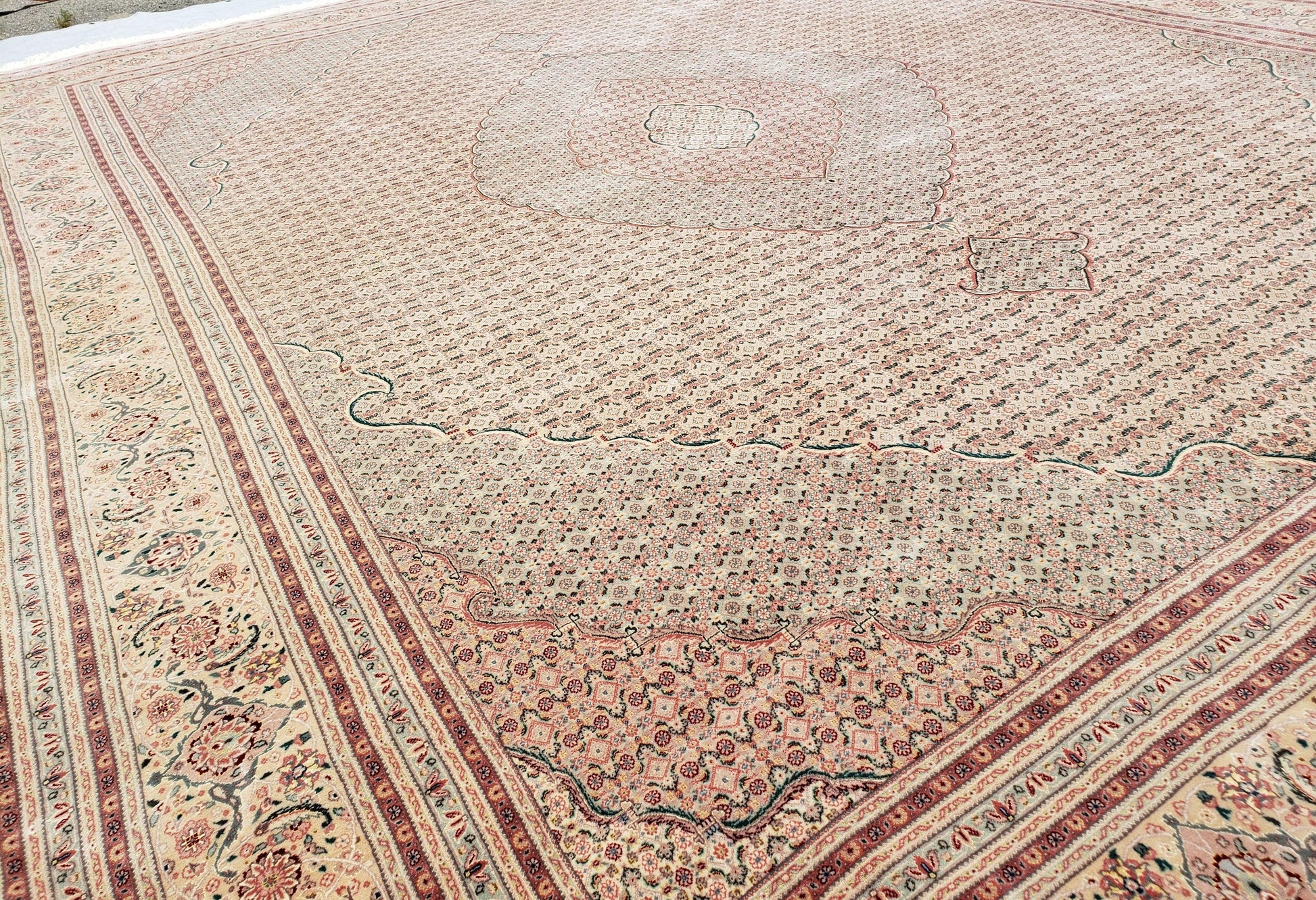 Stunning Oversized Sino Persian Oriental Rug 12x15, Hand Knotted Wool & Silk Palace Sized Carpet, Mahi Pattern, Very Fine, Peach Beige, Wow - Nuvé