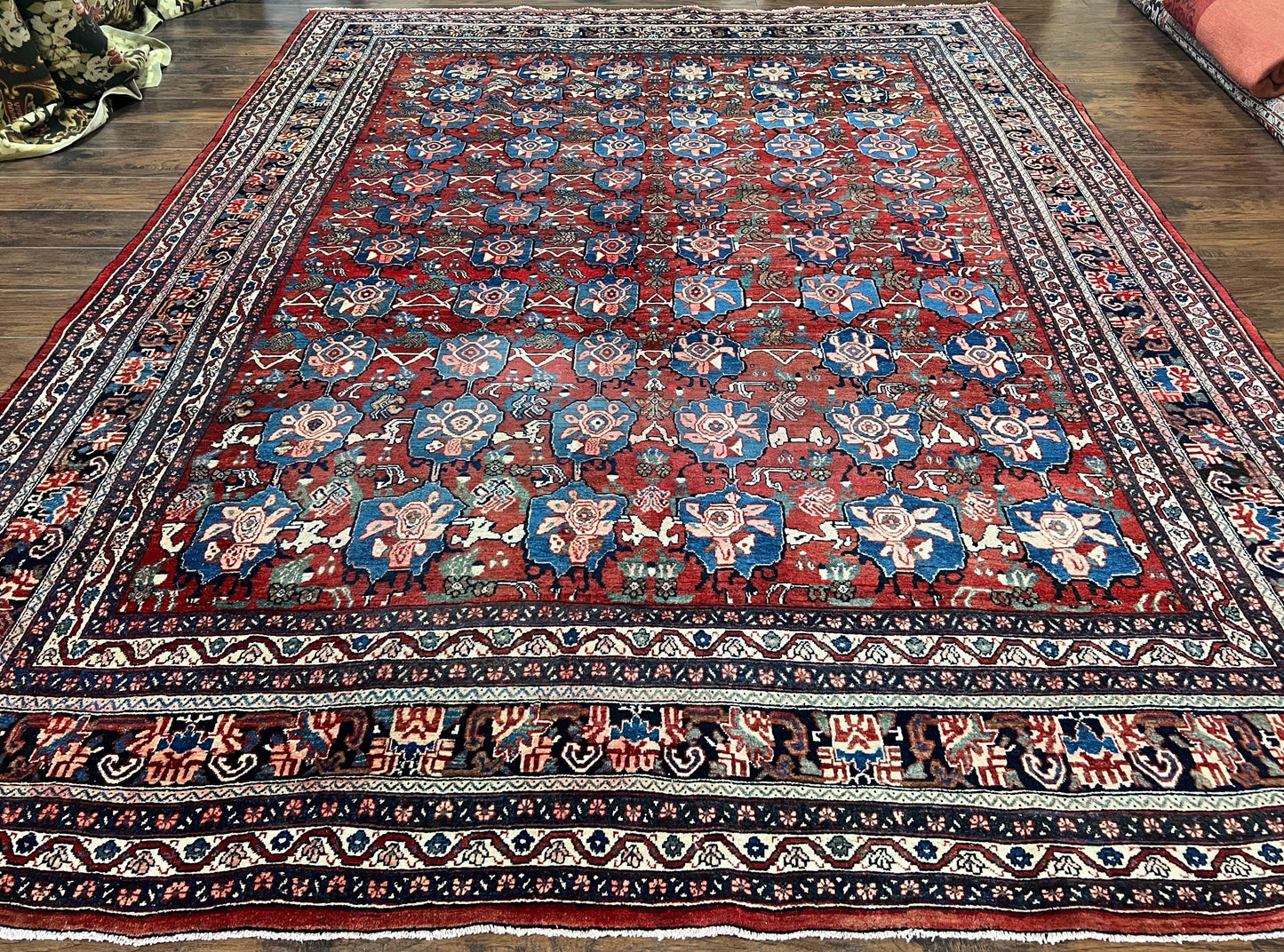 Antique Persian Bijar Rug 9x12 - Allover Motif, Red & Blue - Nuvé