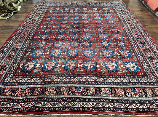 Antique Persian Bijar Rug 9x12 - Allover Motif, Red & Blue - Nuvé