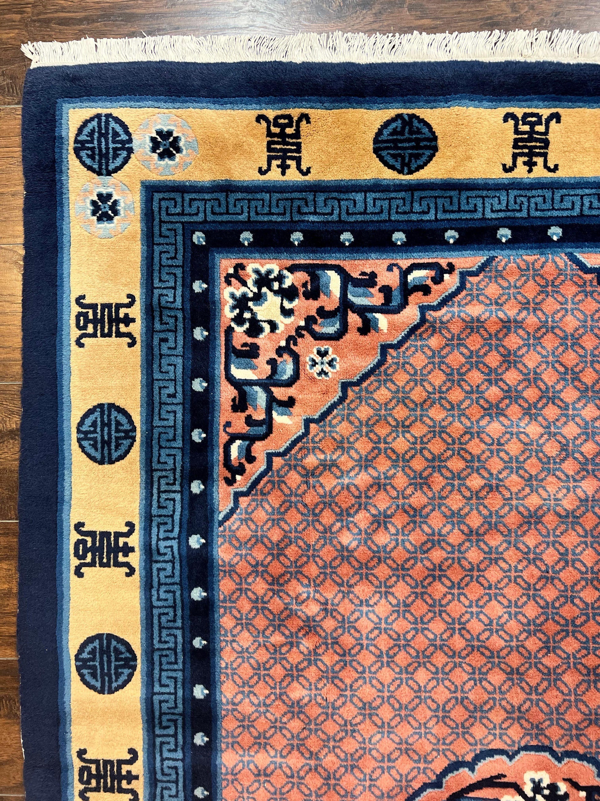Chinese Peking Rug 5x8, Vintage Semi Antique Chinese Art Deco Carpet, Wool Pile Light Red/Salmon Gold Navy Blue, Handmade Asian Oriental Rug - Nuvé