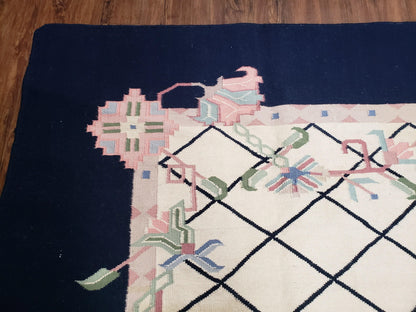 Vintage Dhurrie Rug, Indian Dhurrie 8x11 - 9x11, Wool Hand-Woven Ivory & Black Indo Carpet, Large Flat Weave Rug Living Room Rug Black White - Nuvé