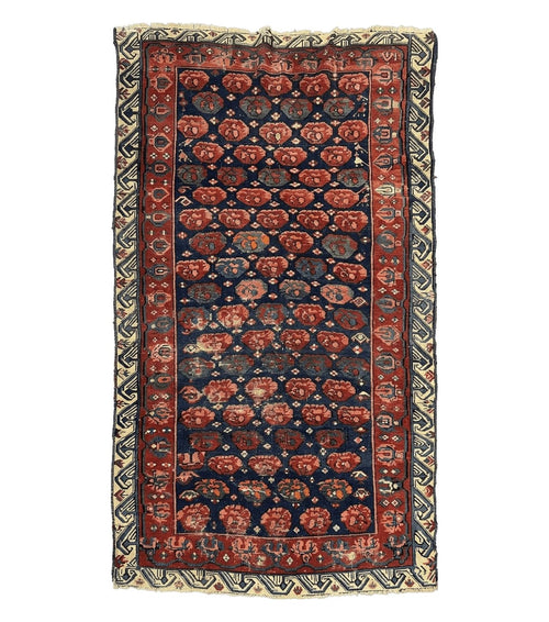 Antique Seychour Rug 4x7, Collectible Kuba Caucasian Carpet, Wool Handmade, Red Navy Blue Cream, Repeated Allover Motif, Early 20th Century