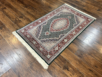 Sino Persian Rug 4x6, Wool with Silk Highlights, Fine Hand Knotted Carpet, Green & Maroon Red, Herati Medallion, Vintage Rug - Nuvé